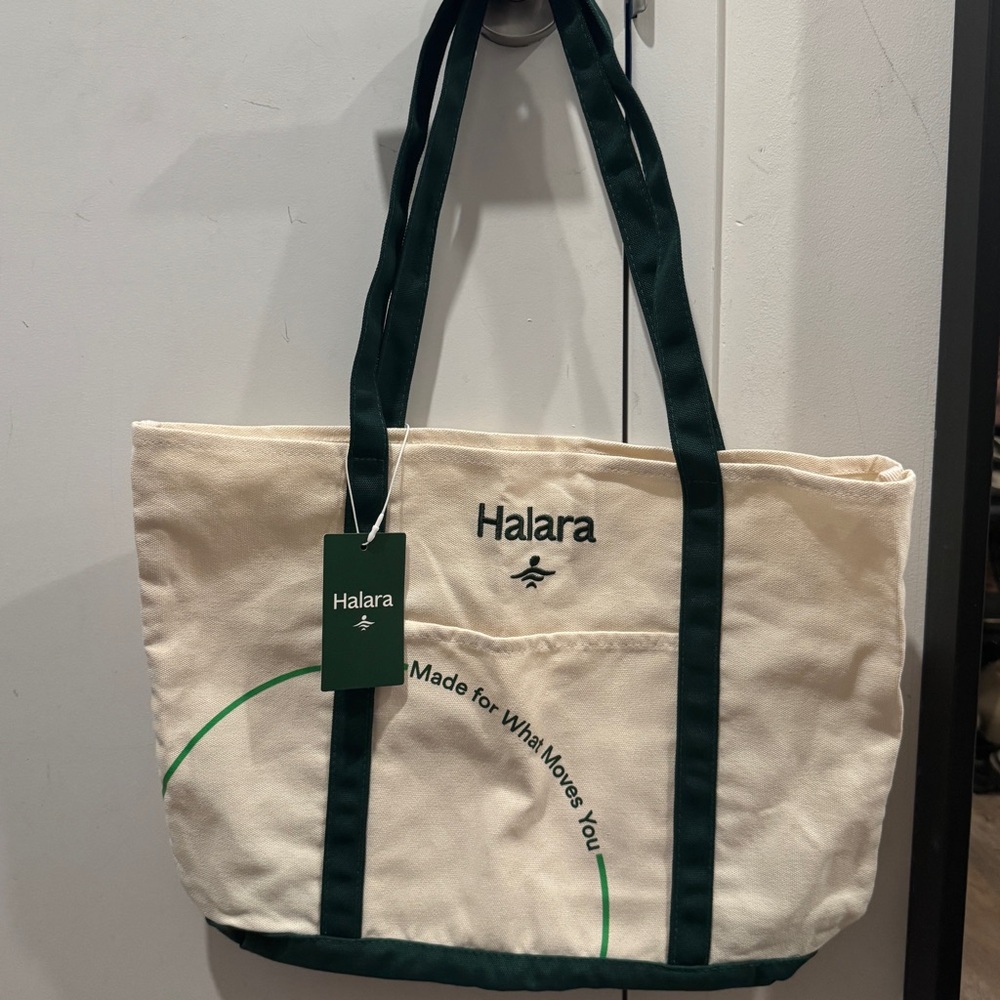 HALARA Cream and Green Canvas Tote Bag - Picture 1 of 4